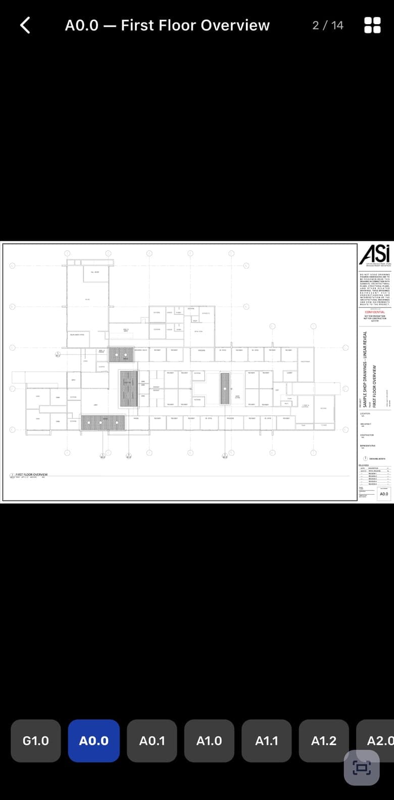 A first-floor overview sheet open full screen in the RolloutIQ iPhone app, with the strip of sheet numbers along the bottom