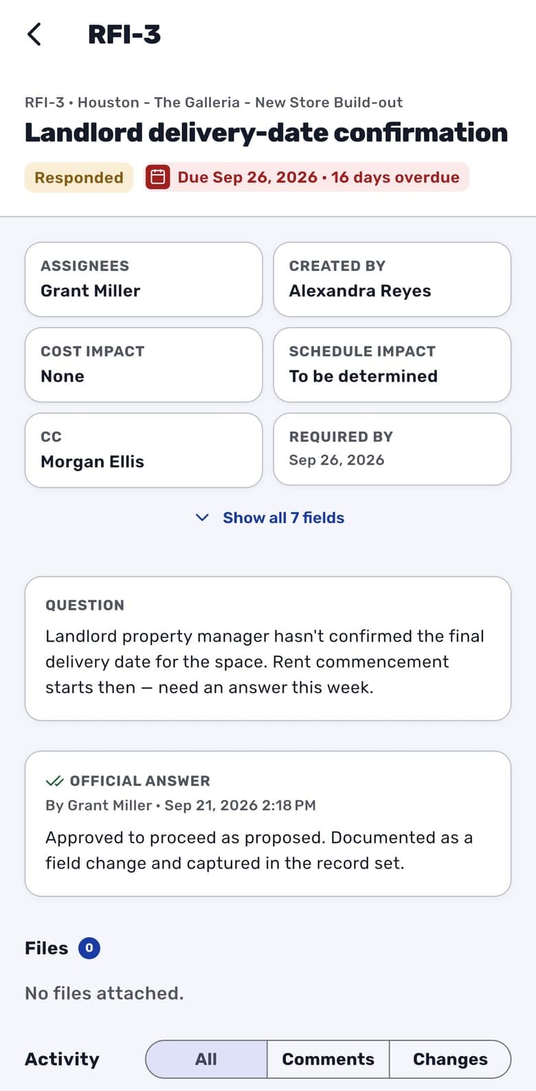 An RFI in the RolloutIQ iPhone app: landlord delivery-date confirmation with assignee, cost and schedule impact, the question and the official answer