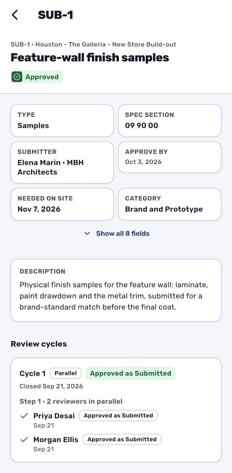 A submittal in the RolloutIQ iPhone app: feature-wall finish samples with spec section, submitter, and a review cycle with each reviewer's decision