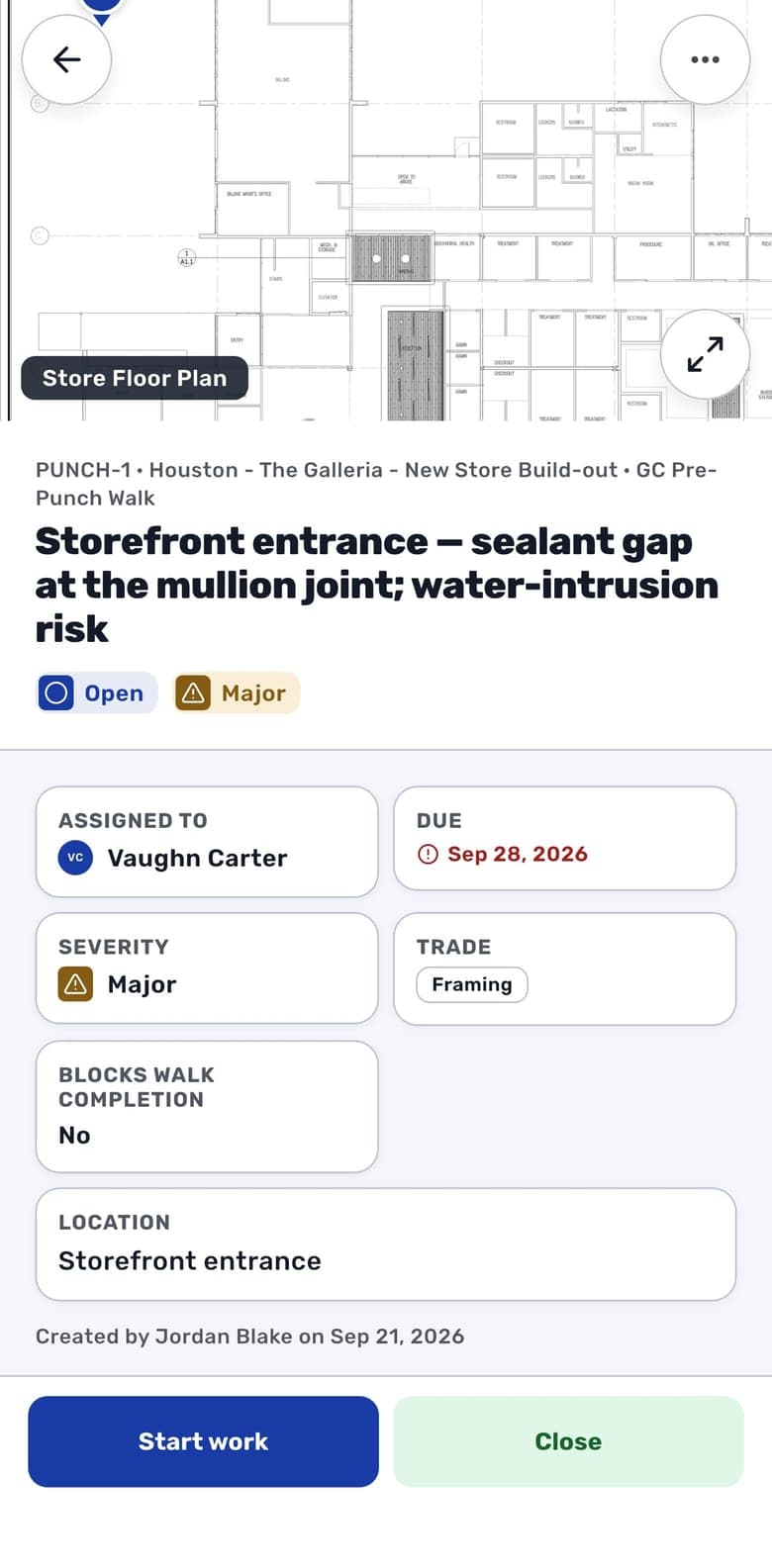 A punch item in the RolloutIQ iPhone app: storefront sealant gap, its pin on the plan, severity, trade, assignee, due date and Start work and Close buttons