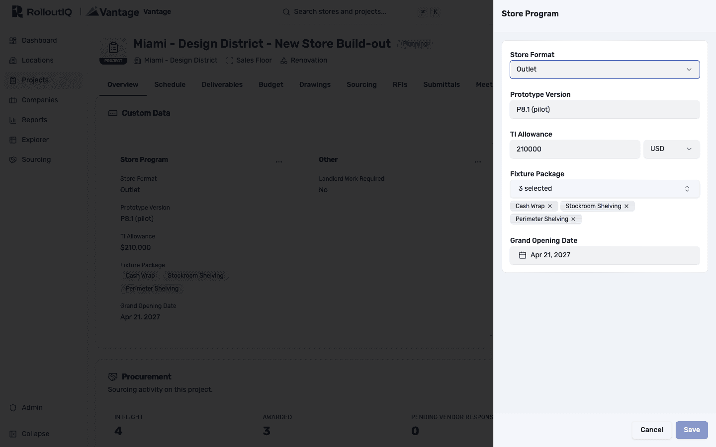 A side panel editing the Store Program section, with a store-format dropdown, a currency-aware TI allowance, a multi-select fixture package, and a date picker