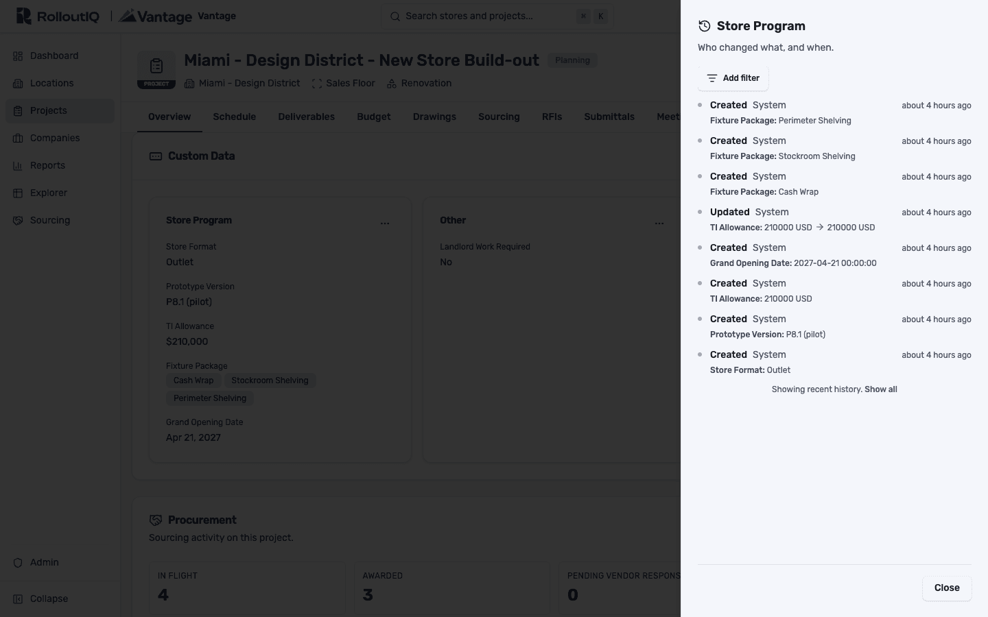 The history drawer for the Store Program section, listing each field change with the actor, timestamp, and the value it changed to