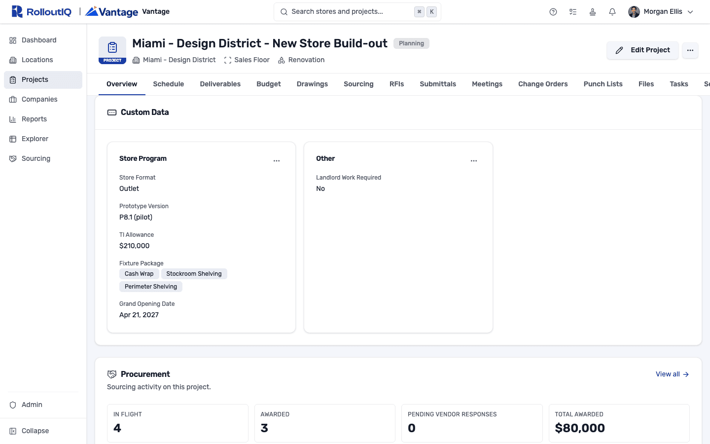 A project's Custom Data section with a Store Program card holding store format, prototype version, a TI allowance in dollars, a multi-select fixture package, and a grand opening date