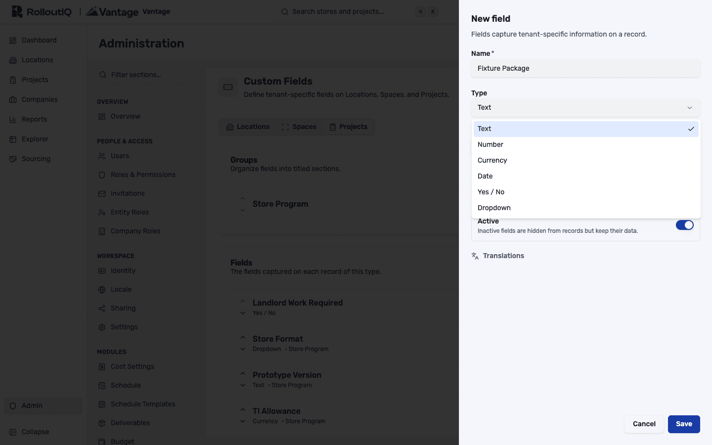 The new-field side panel with the type picker open, listing text, number, currency, date, yes/no, and dropdown types