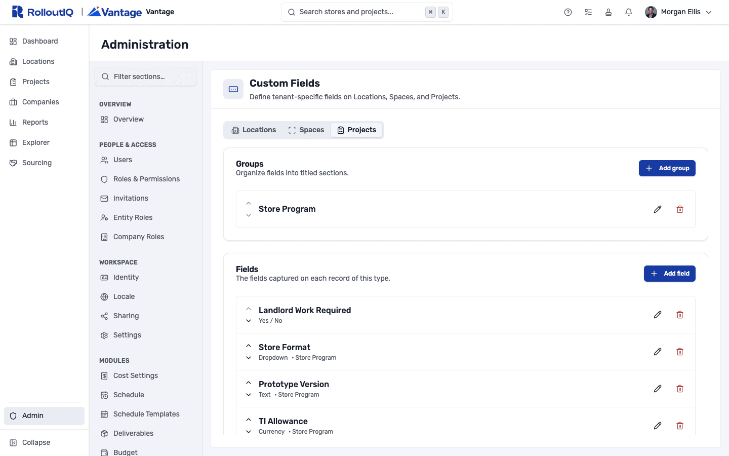 The Custom Fields admin builder on the Projects tab, showing a Store Program group and its fields with each field's type, plus Add group and Add field controls