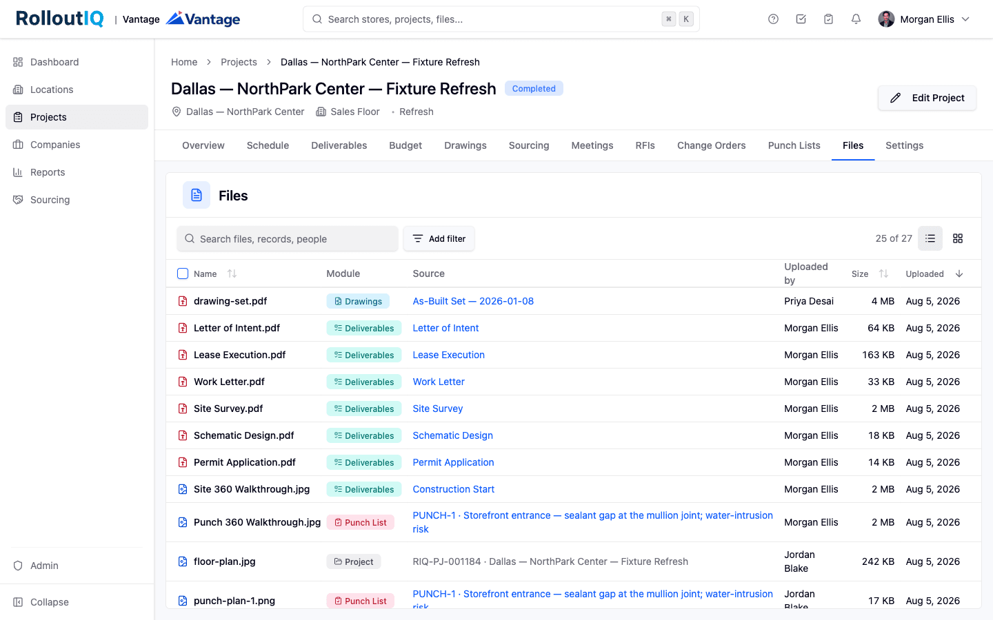 A project Files library listing files from every module, with Name, Module, Source, Uploaded by, and Size columns