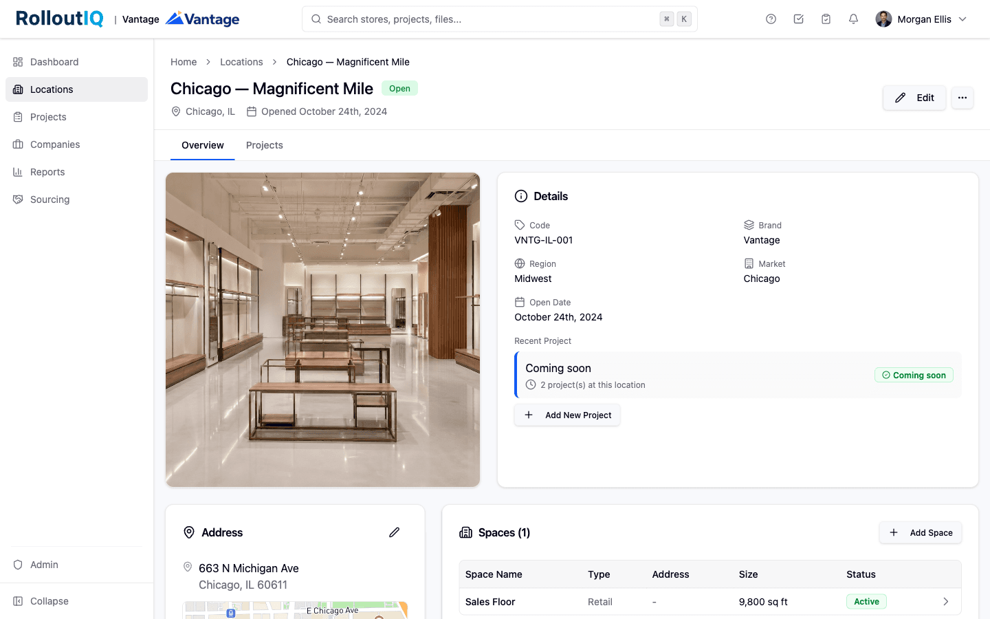 Chicago location detail with a facade hero photo, a Details card showing code VNTG-IL-001, Vantage brand, Midwest region, Chicago market, and open date, a recent-project rollup, an address with a mini-map, and a Spaces table row for a 9,800 sq ft sales floor