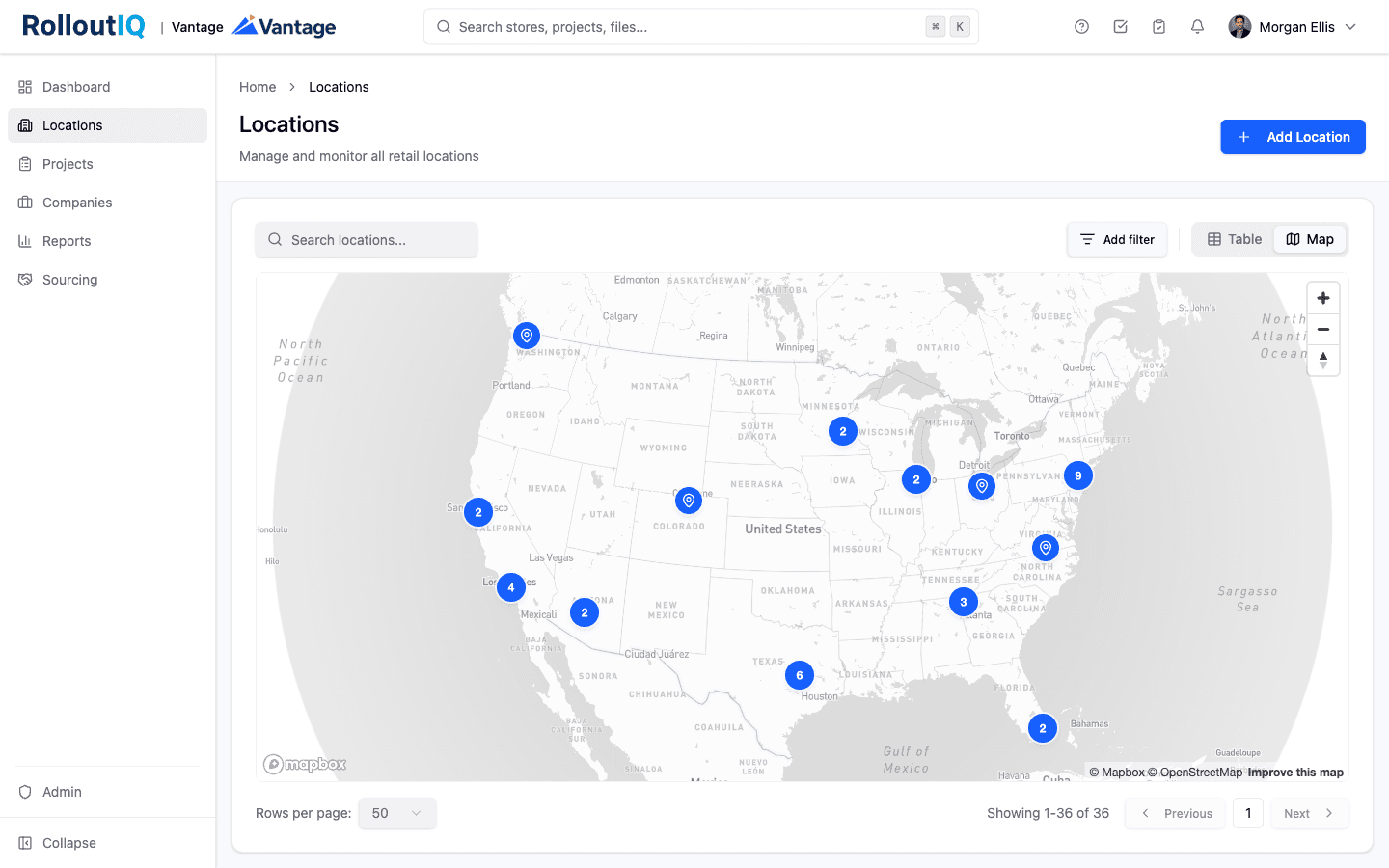 Locations map view with location pins clustered across US regions, above the same search, filter, and Table/Map toggle the list view uses