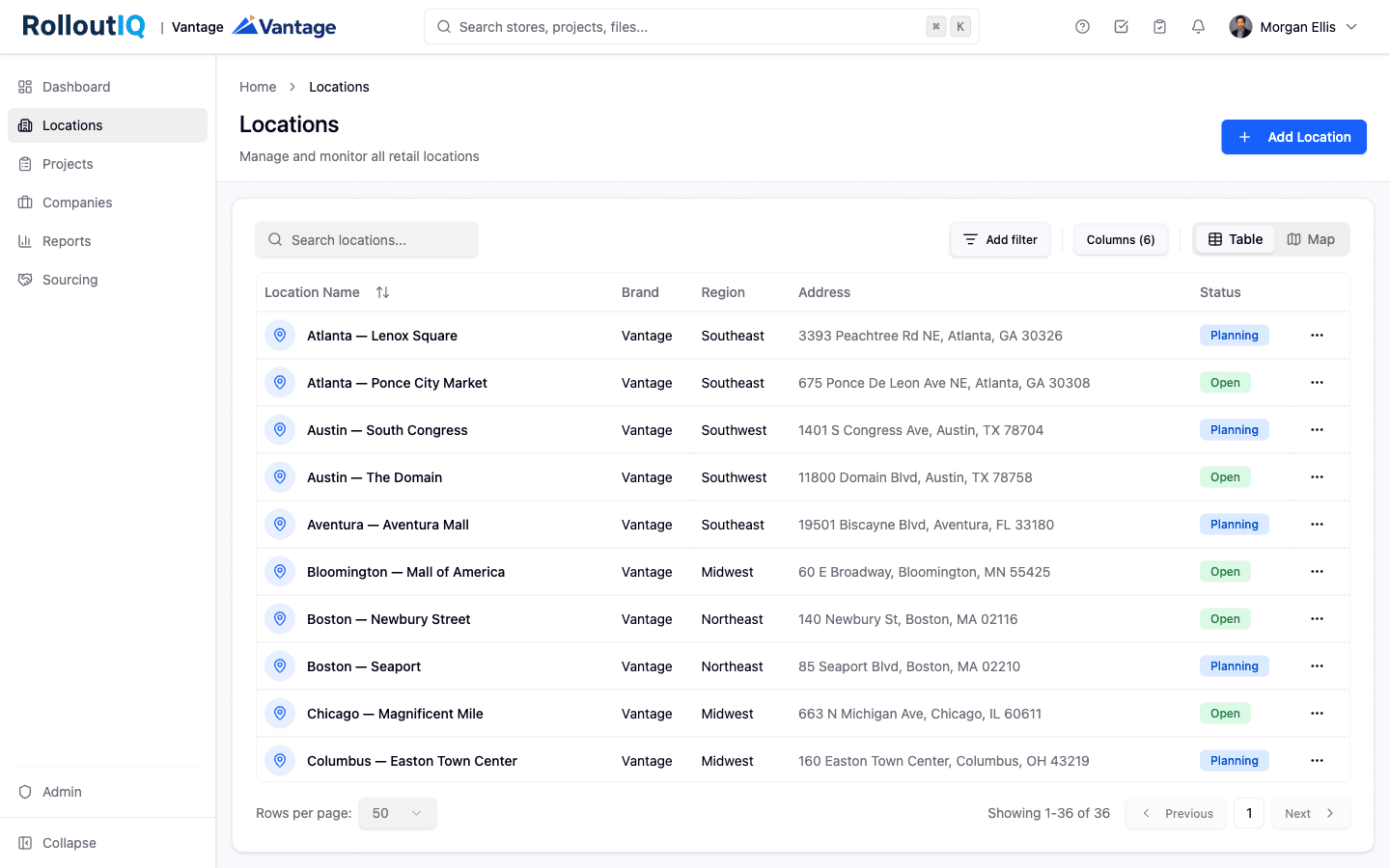 Location register table listing 36 locations with brand, region, address, and computed lifecycle status, plus search, filters, and a Table/Map toggle