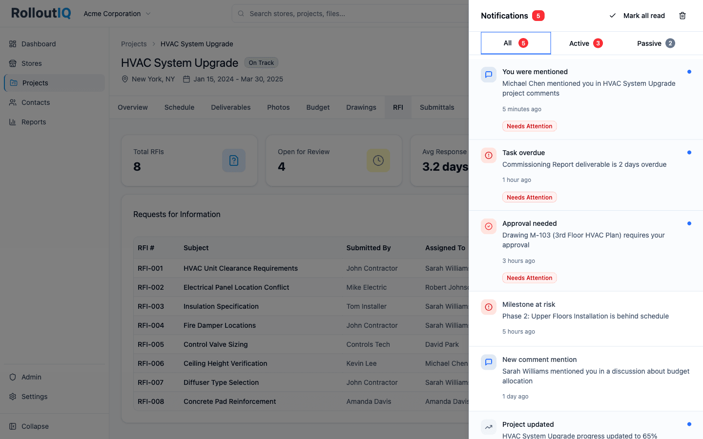 Notification inbox with All, Active, and Passive filters
