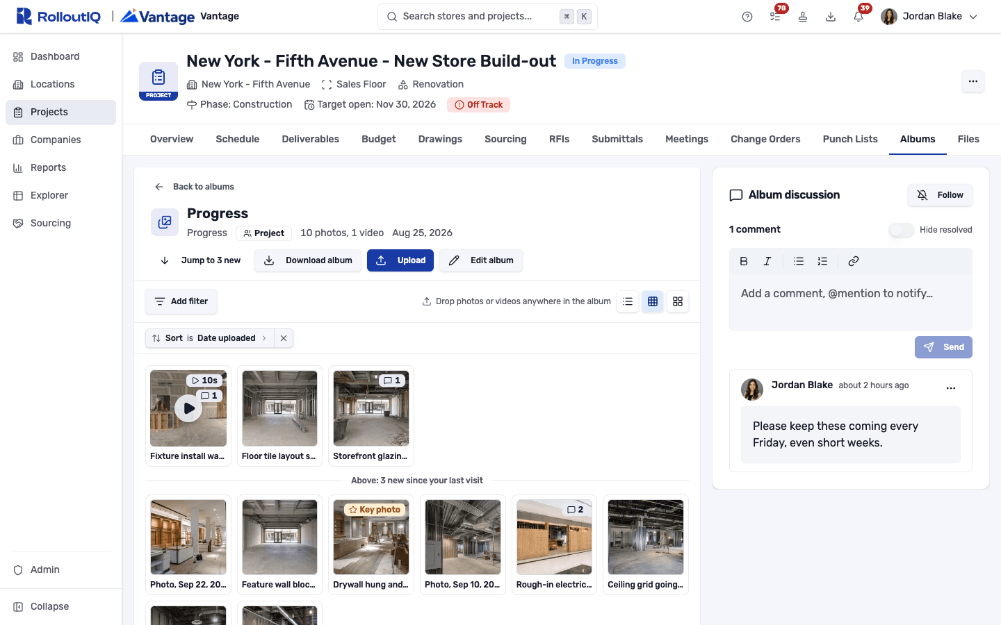 Inside a Progress album: a grid of photo tiles split by a marker reading Above: 3 new since your last visit, a video tile with a play button and its length, a Key photo badge, comment counts on tiles, and an Album discussion panel beside the grid