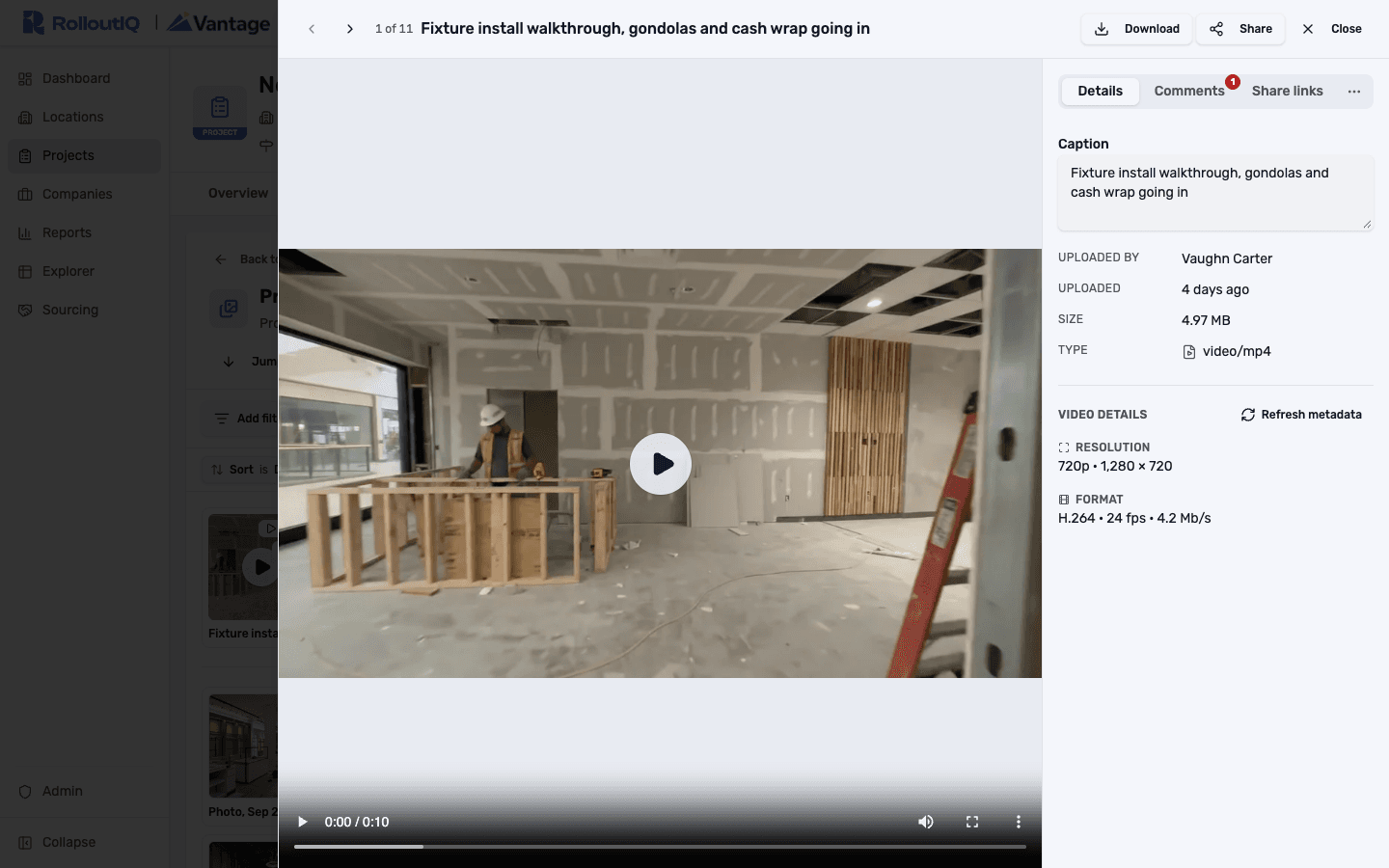 A fixture install walkthrough video paused in the album viewer, with its Video Details showing 720p resolution, frame rate, and a Refresh metadata action