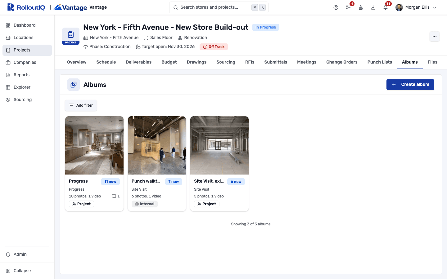 A project's Albums tab with three album cards, Progress, Punch walkthrough, and Site Visit, each with a key photo, its type and visibility, photo and video counts, comments, and how many items are new