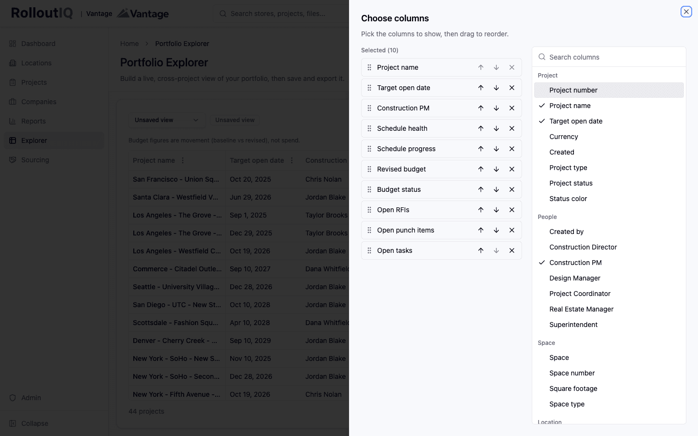 The Portfolio Explorer column picker with grouped columns to search, select, and reorder