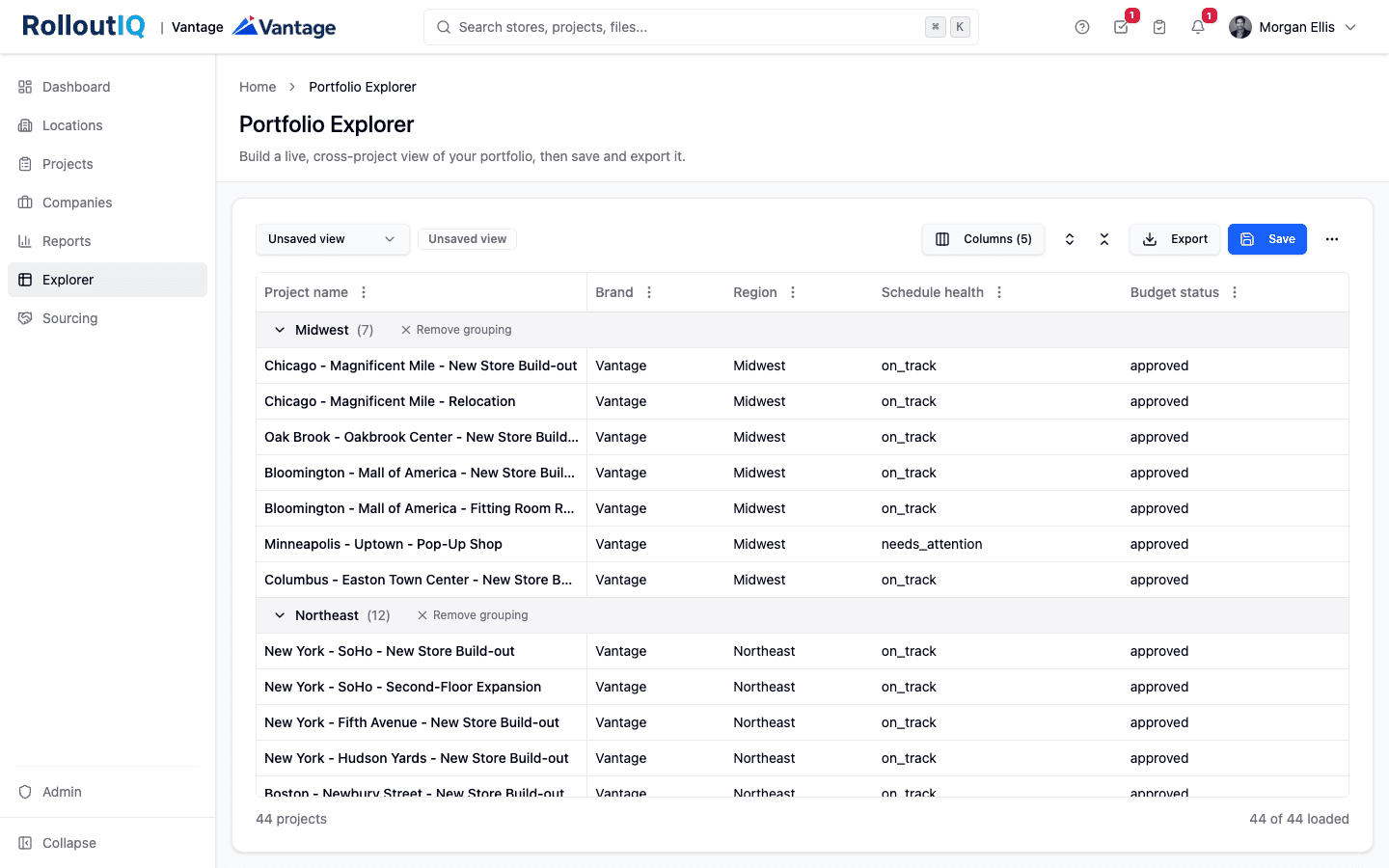 Portfolio Explorer grouped by region with collapsible section headers and a project count on each