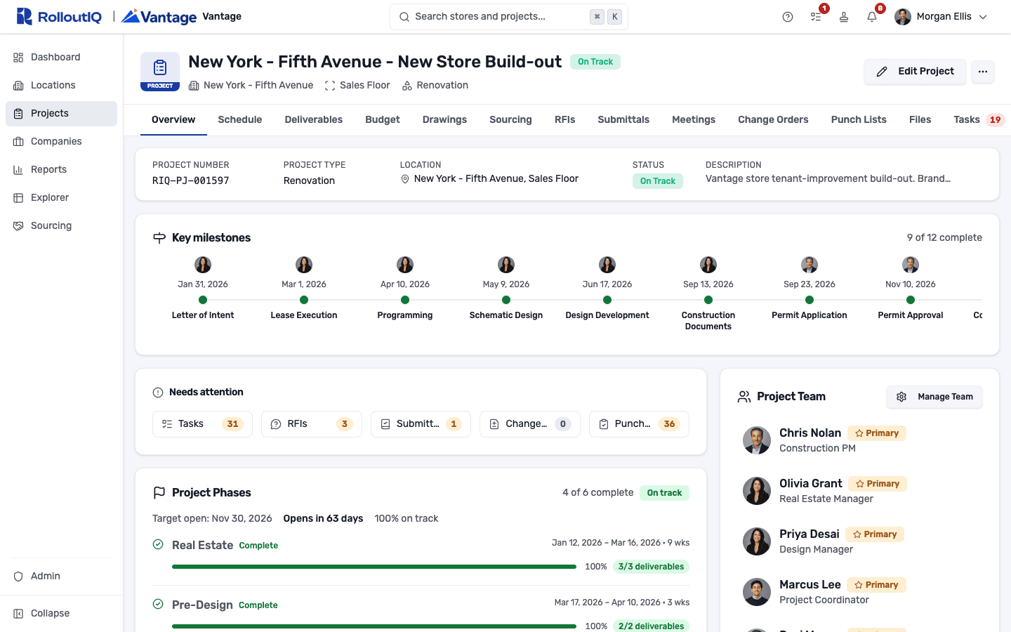 A project Overview with key milestones and owners, open-item counts, project phases counting down to the target open date, and the project team by role