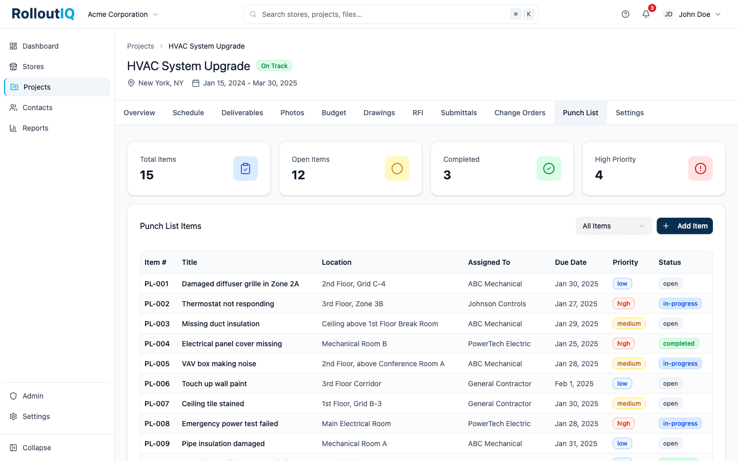 Punch list workspace inside a project with status and priority filters