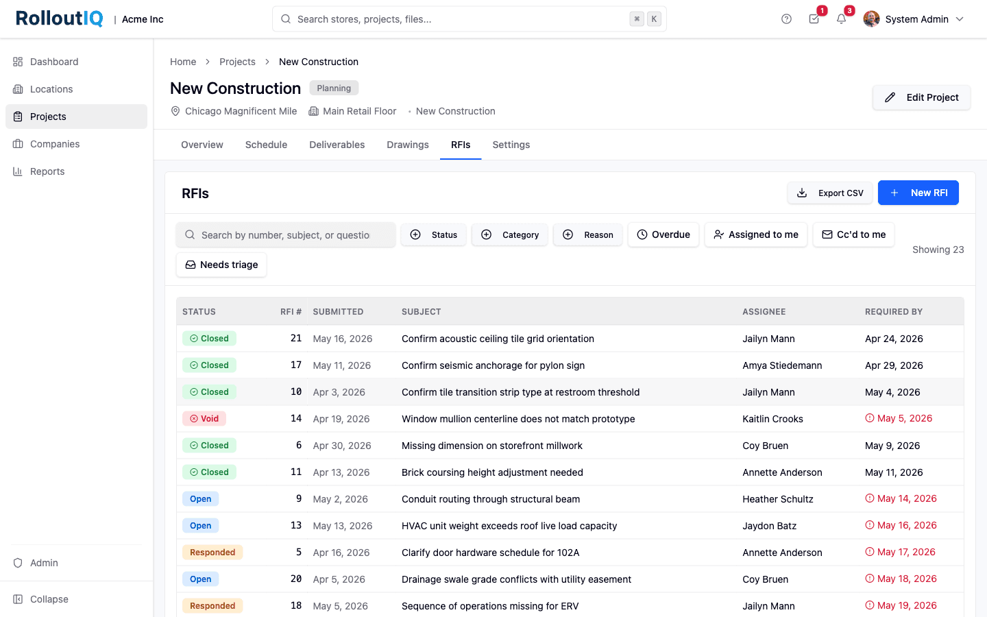 Requests for Information workspace inside a project