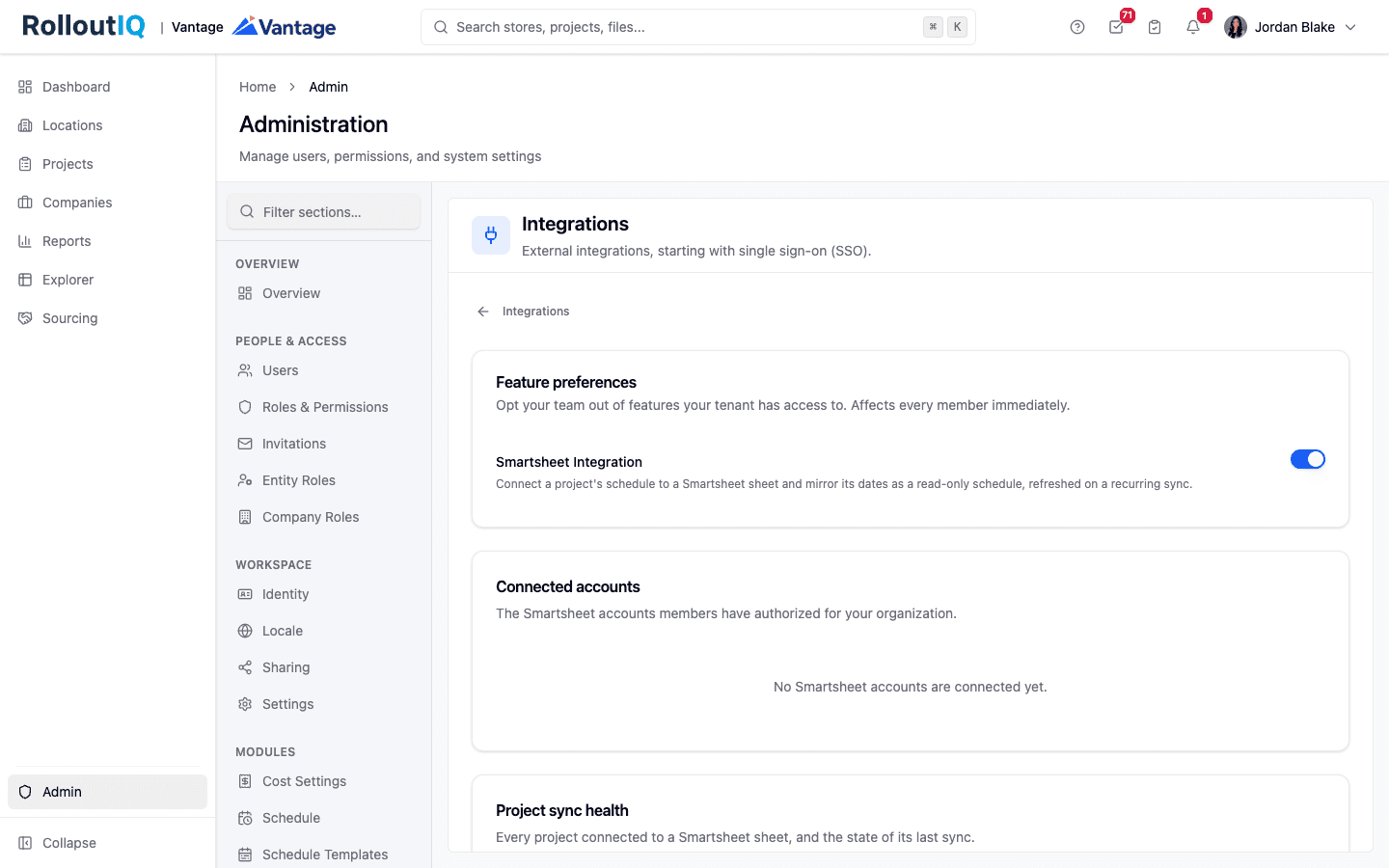 The RolloutIQ admin Integrations page with connected Smartsheet accounts and project sync health