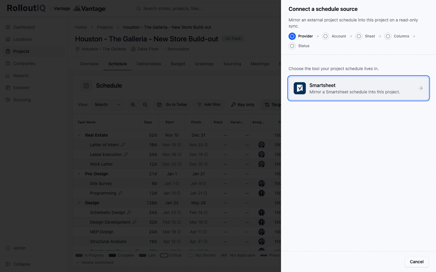 Connecting a project's schedule to Smartsheet from the RolloutIQ Schedule tab