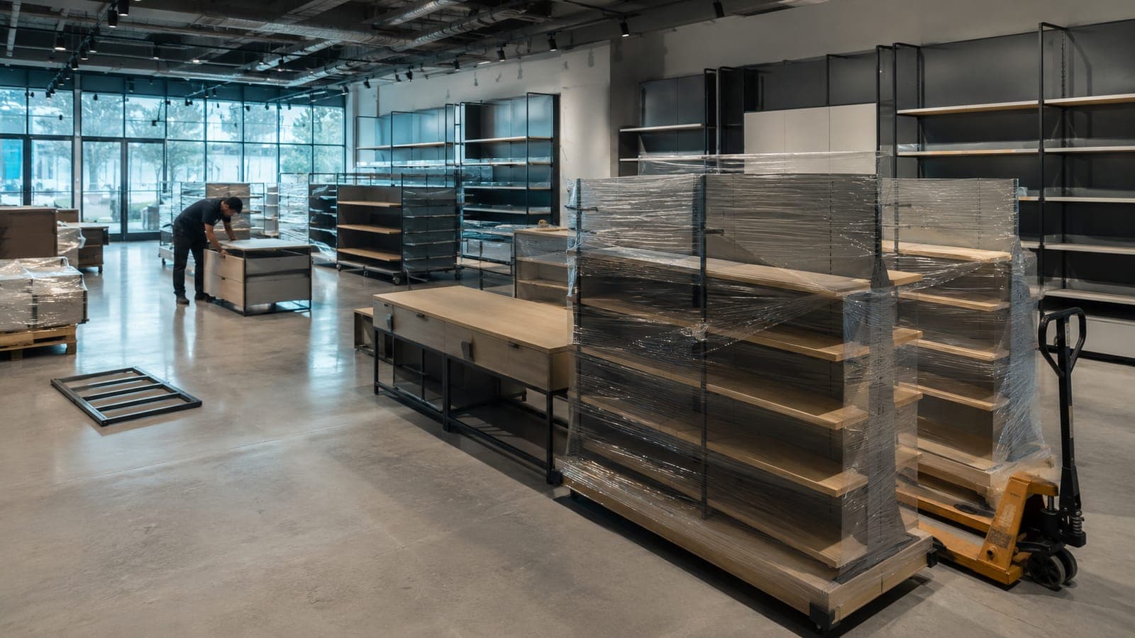 New display shelving and fixtures being installed in an empty store