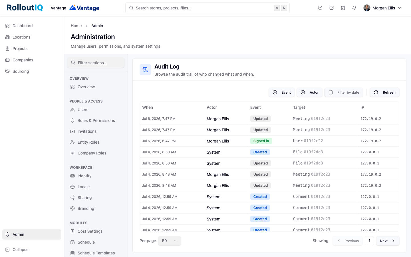 The admin audit log in RolloutIQ.