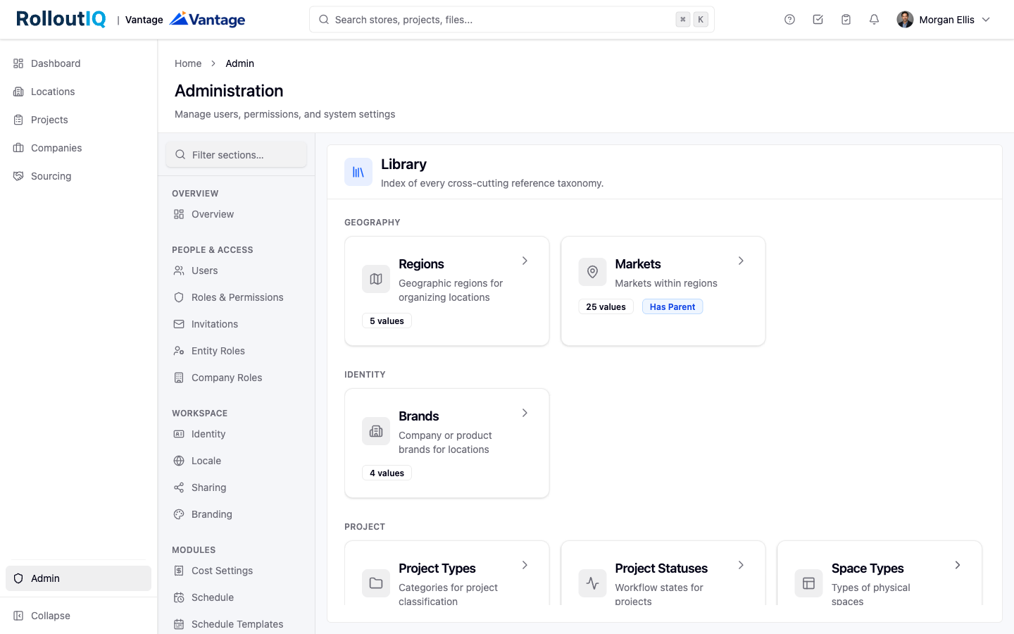 The admin Library of reference values in RolloutIQ.