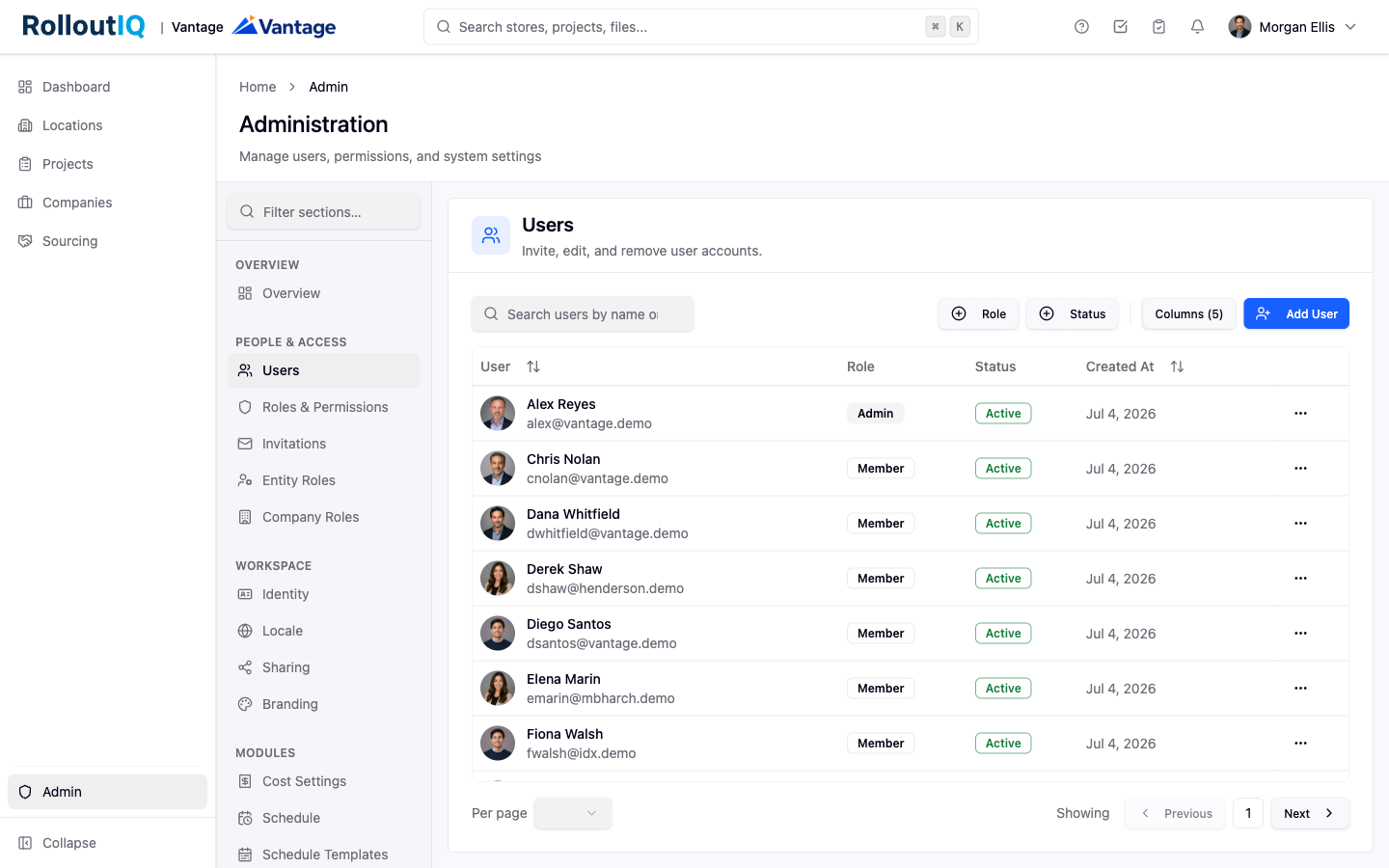 The admin users list in RolloutIQ.