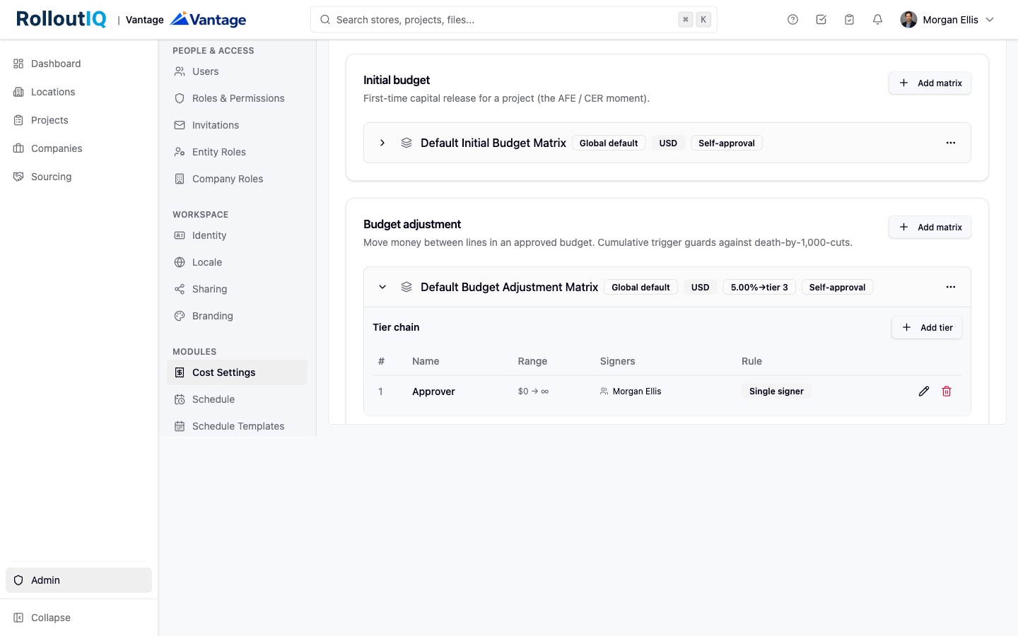 Approval matrices in RolloutIQ.