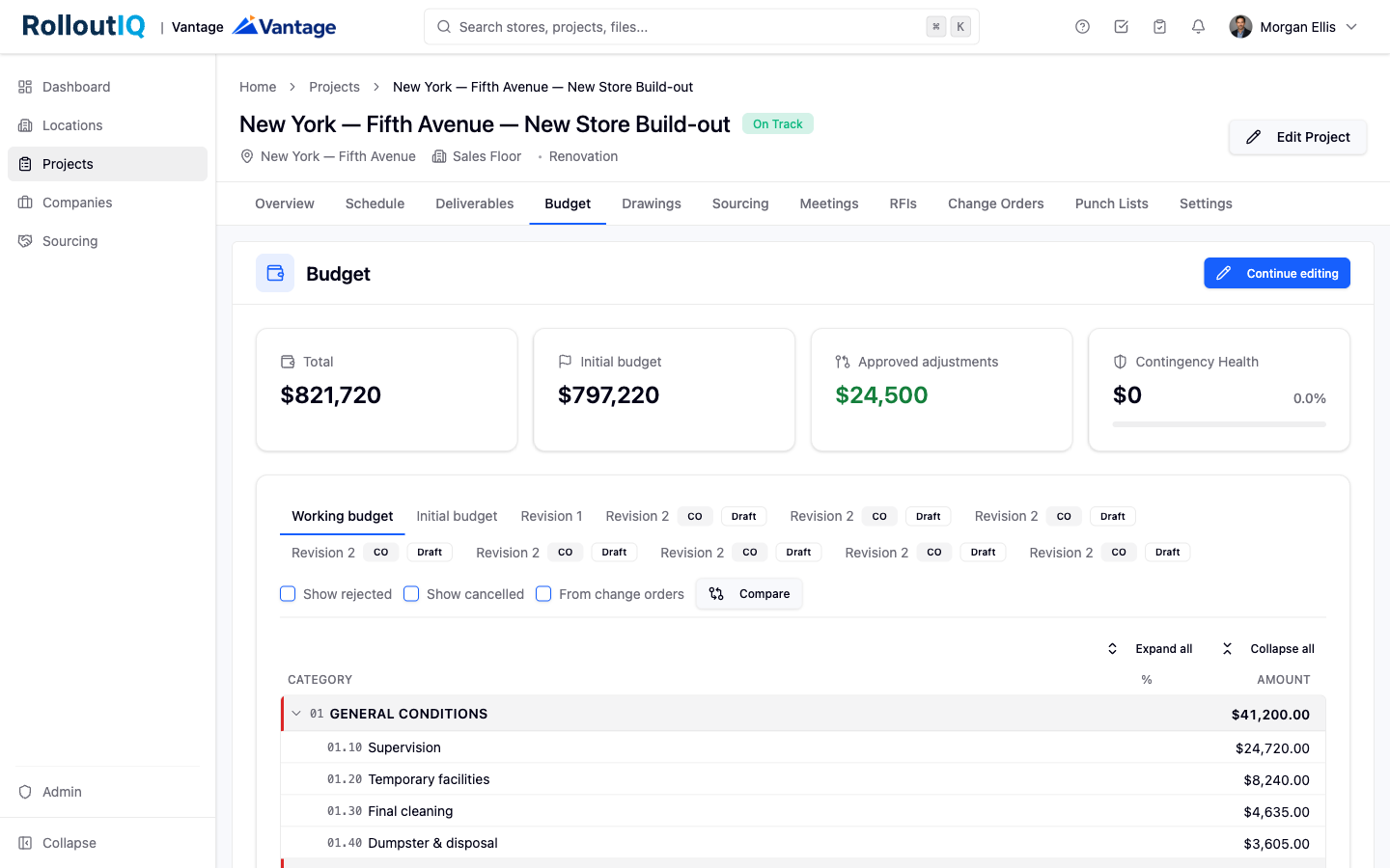 A project budget in RolloutIQ showing the cost hierarchy.