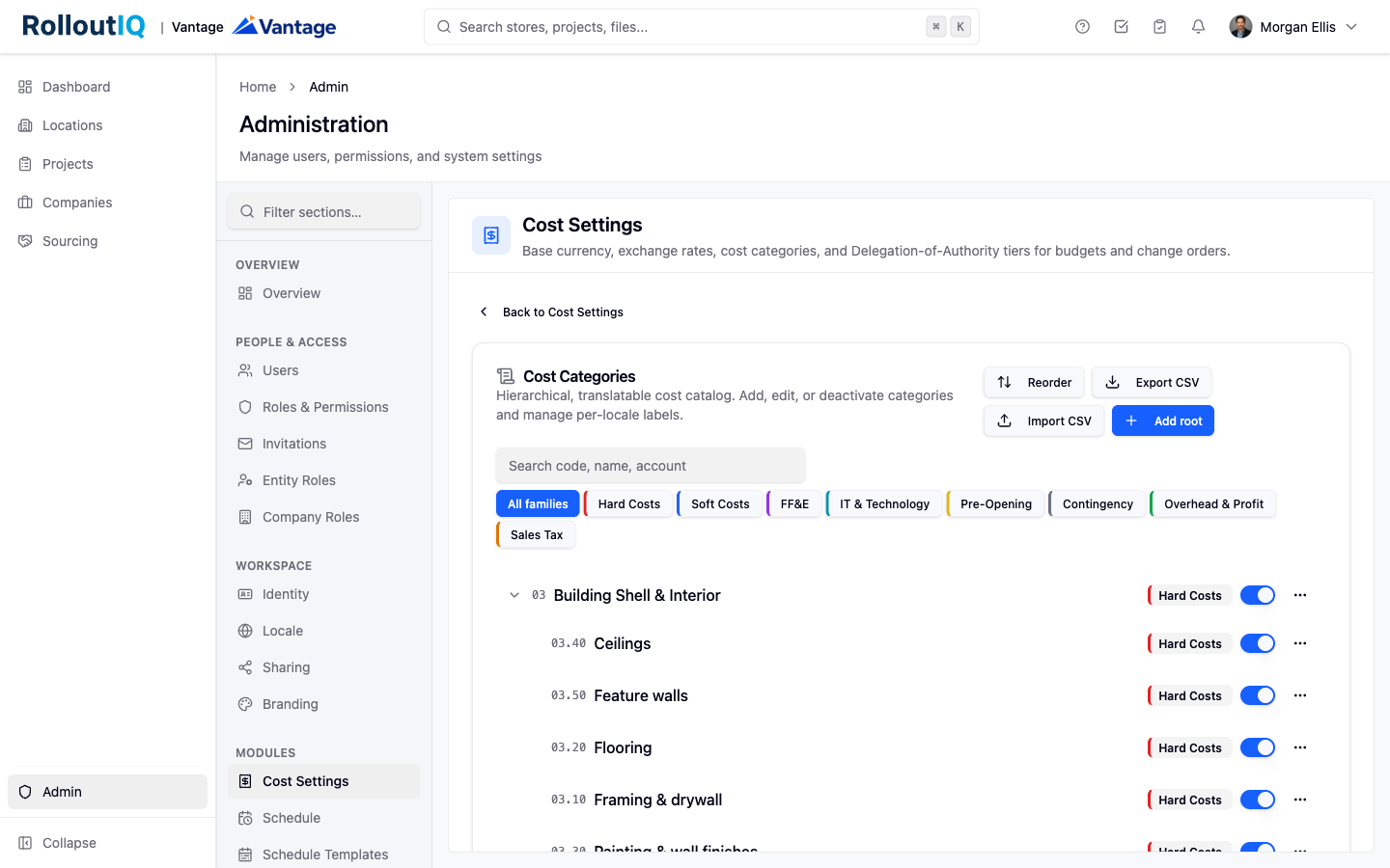 The cost-category settings in RolloutIQ.