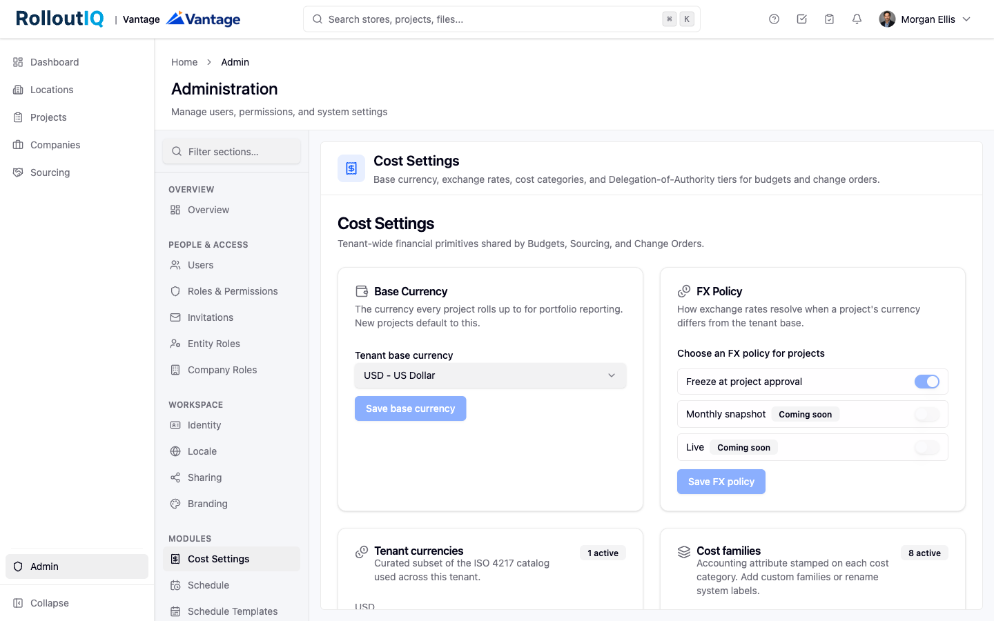 Currency and exchange-rate settings in RolloutIQ.