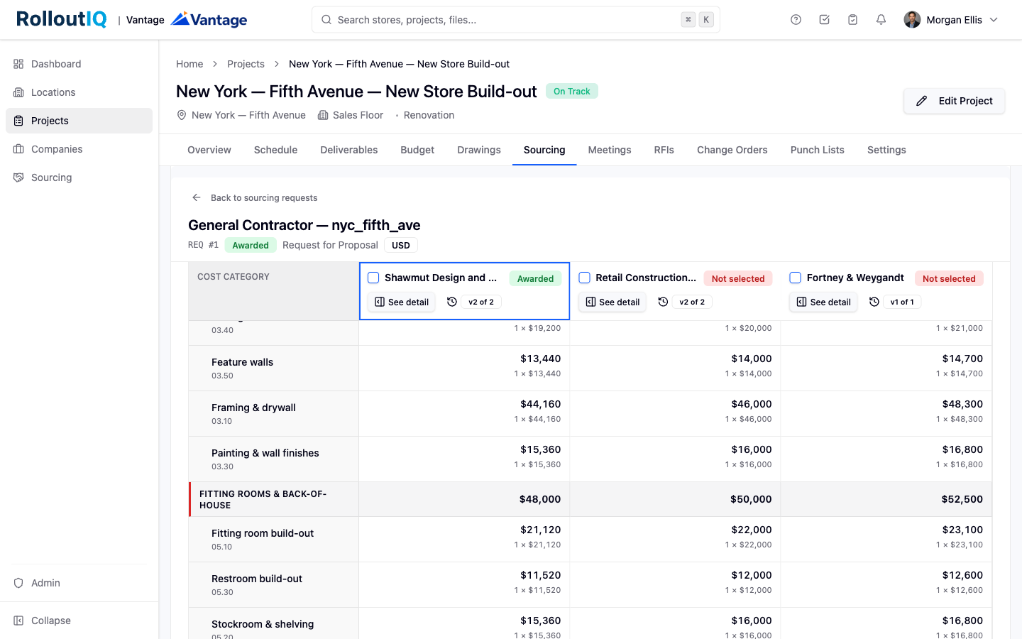A sourcing leveling matrix in RolloutIQ comparing vendor bids side by side.