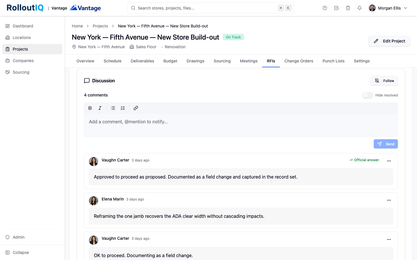 A comment thread on a record in RolloutIQ.