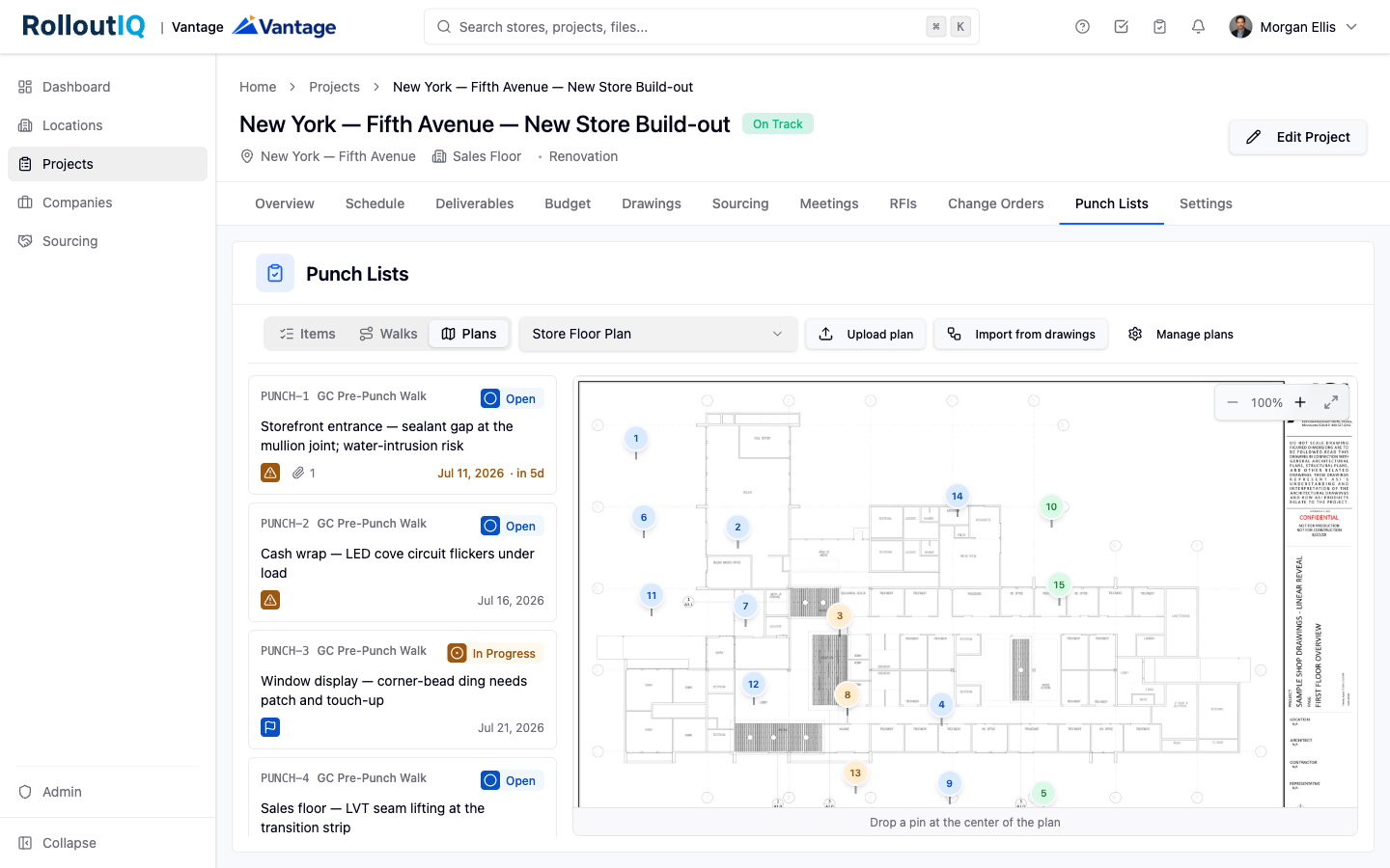 A punch list in RolloutIQ with floor-plan pins.
