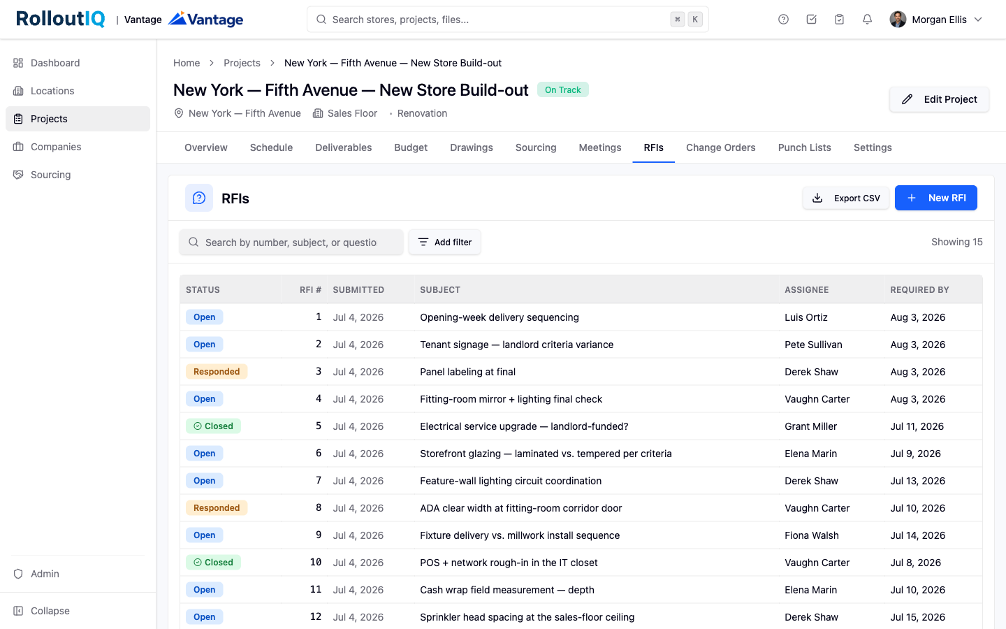 The RFIs list in RolloutIQ.