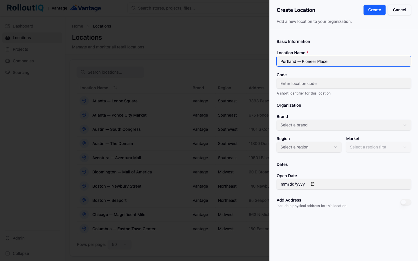 The Create Location panel in RolloutIQ, opened from Add Location.
