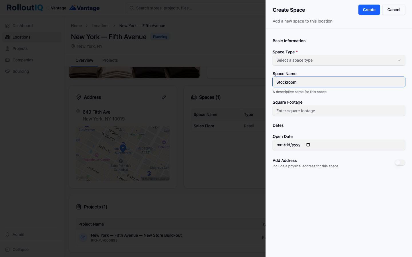 The Create Space panel in RolloutIQ, opened from Add Space on a Location.