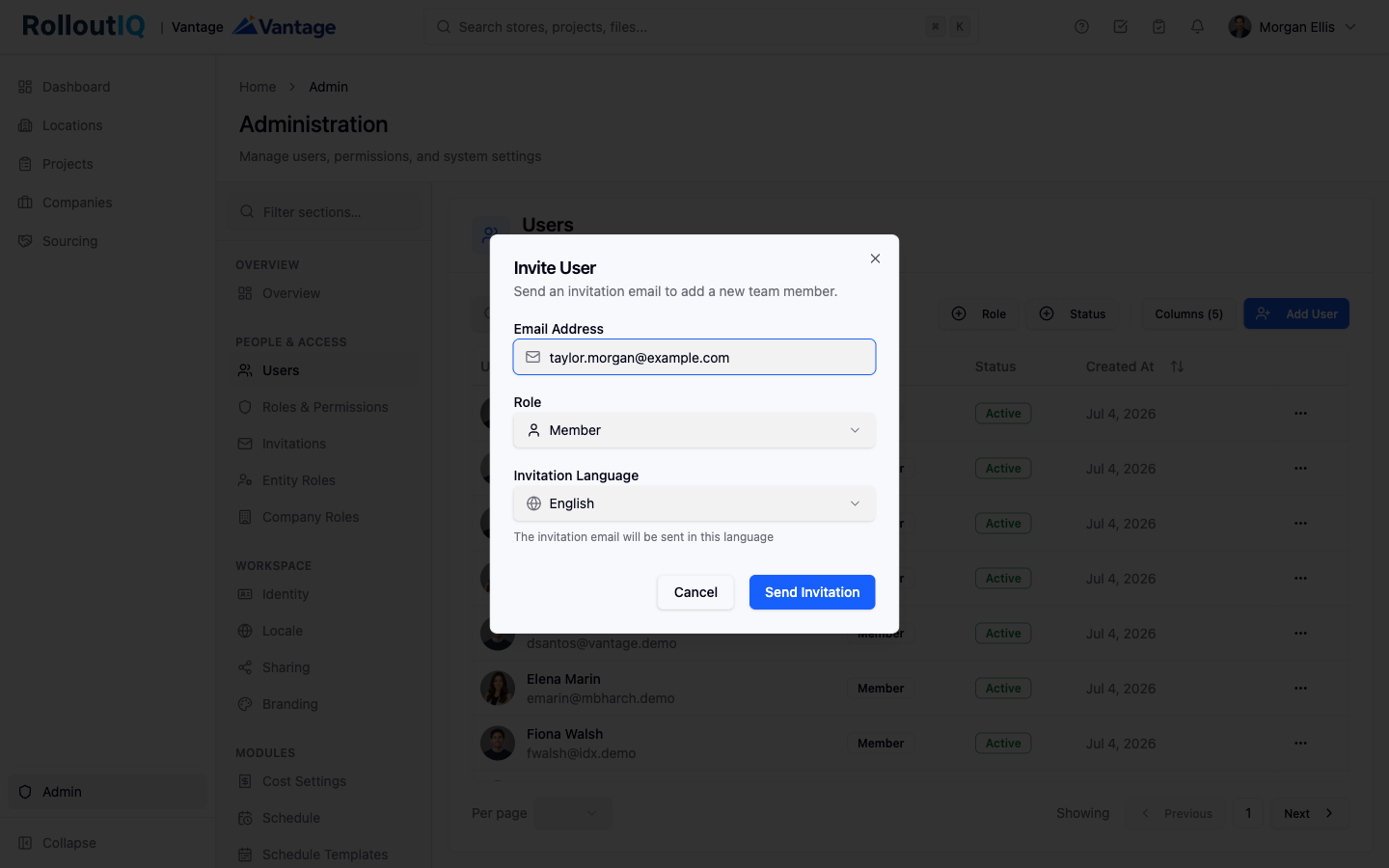 The Invite User dialog in RolloutIQ, opened from Add User.