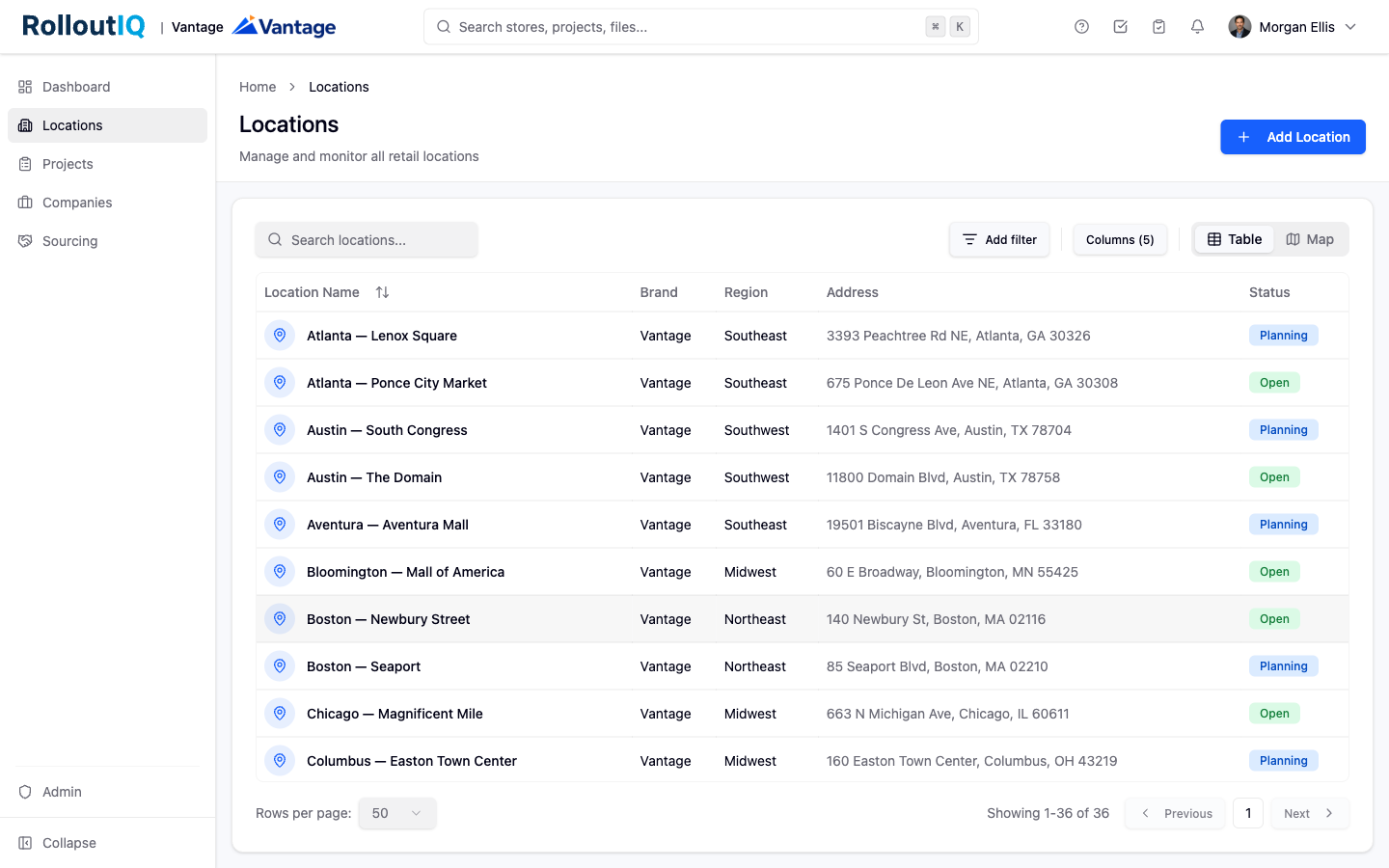 The RolloutIQ Locations workspace showing a portfolio of stores.