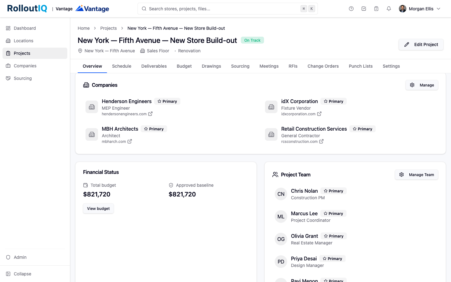A project's Project Team and Companies shown on the Overview in RolloutIQ.