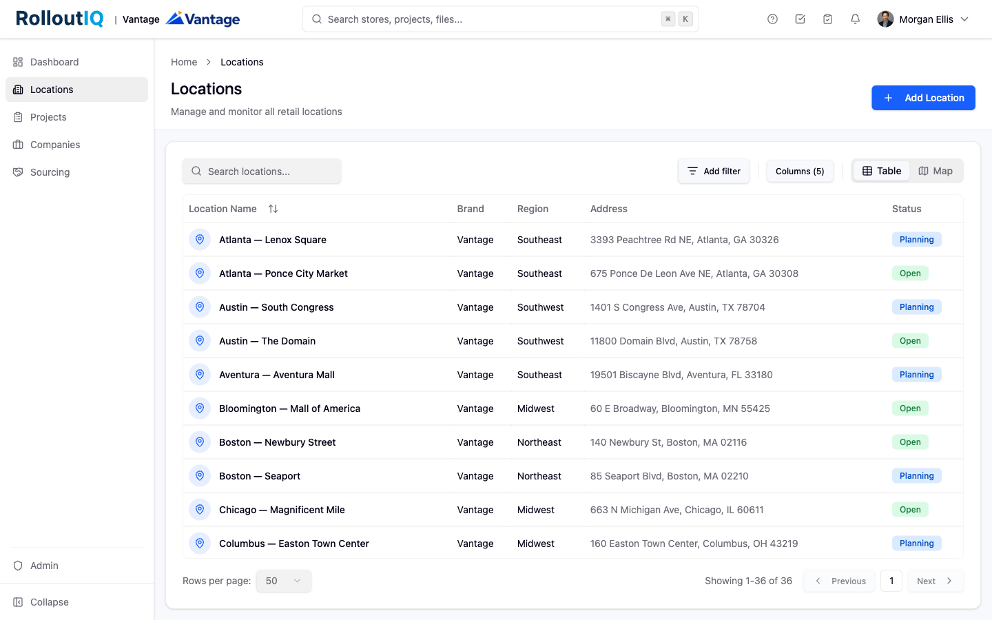 The Locations workspace in RolloutIQ listing the store portfolio.