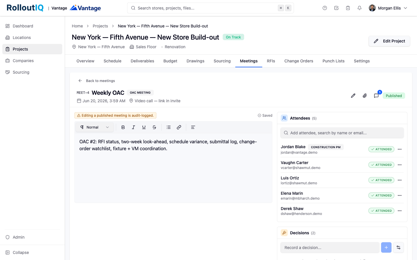 A coordination meeting in RolloutIQ with notes, attendees, and decisions.