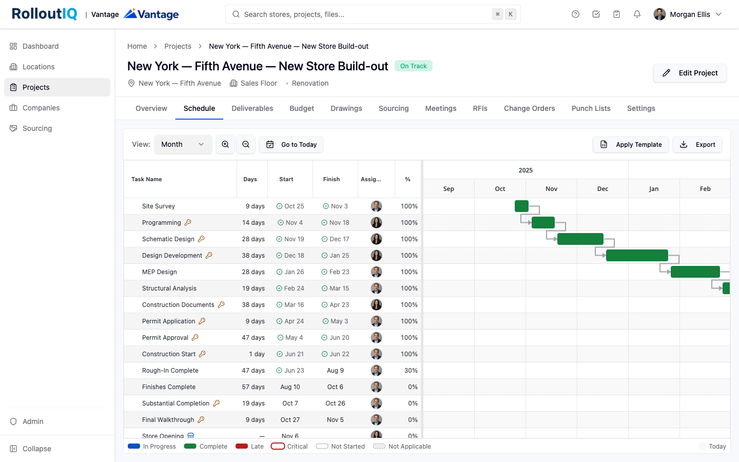 A project schedule in RolloutIQ with deliverables and a critical path.