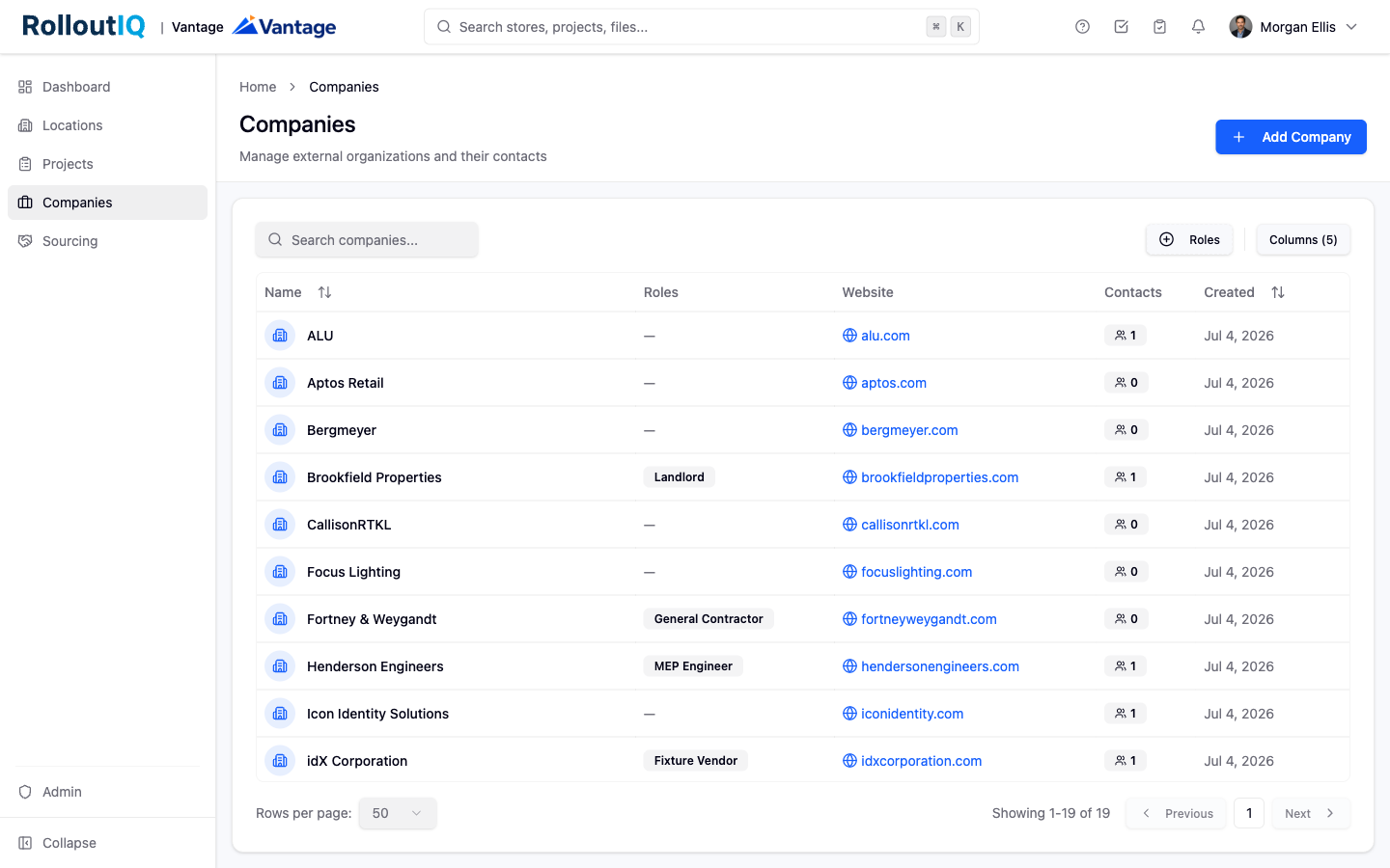 The companies directory in RolloutIQ.