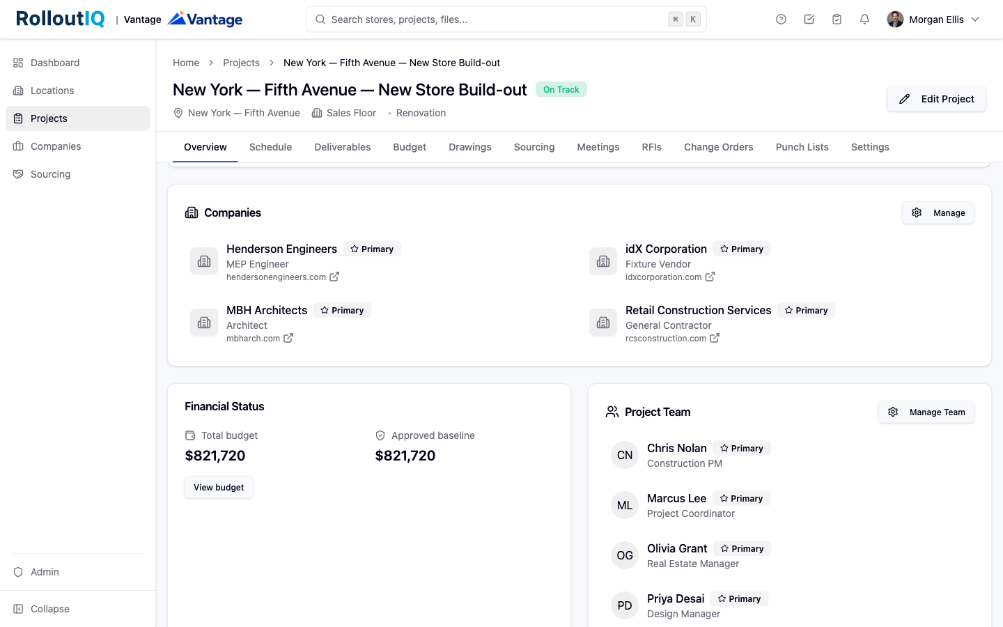 A project's assigned companies and team in RolloutIQ.